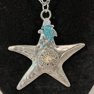One of a kind STARFISH PENDANT with blue rhinestone dolphin sand dollar and sun